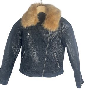 Blank NYC Black Vegan Textured Leather Detachable Fur Collar Moto Jacket Sz M